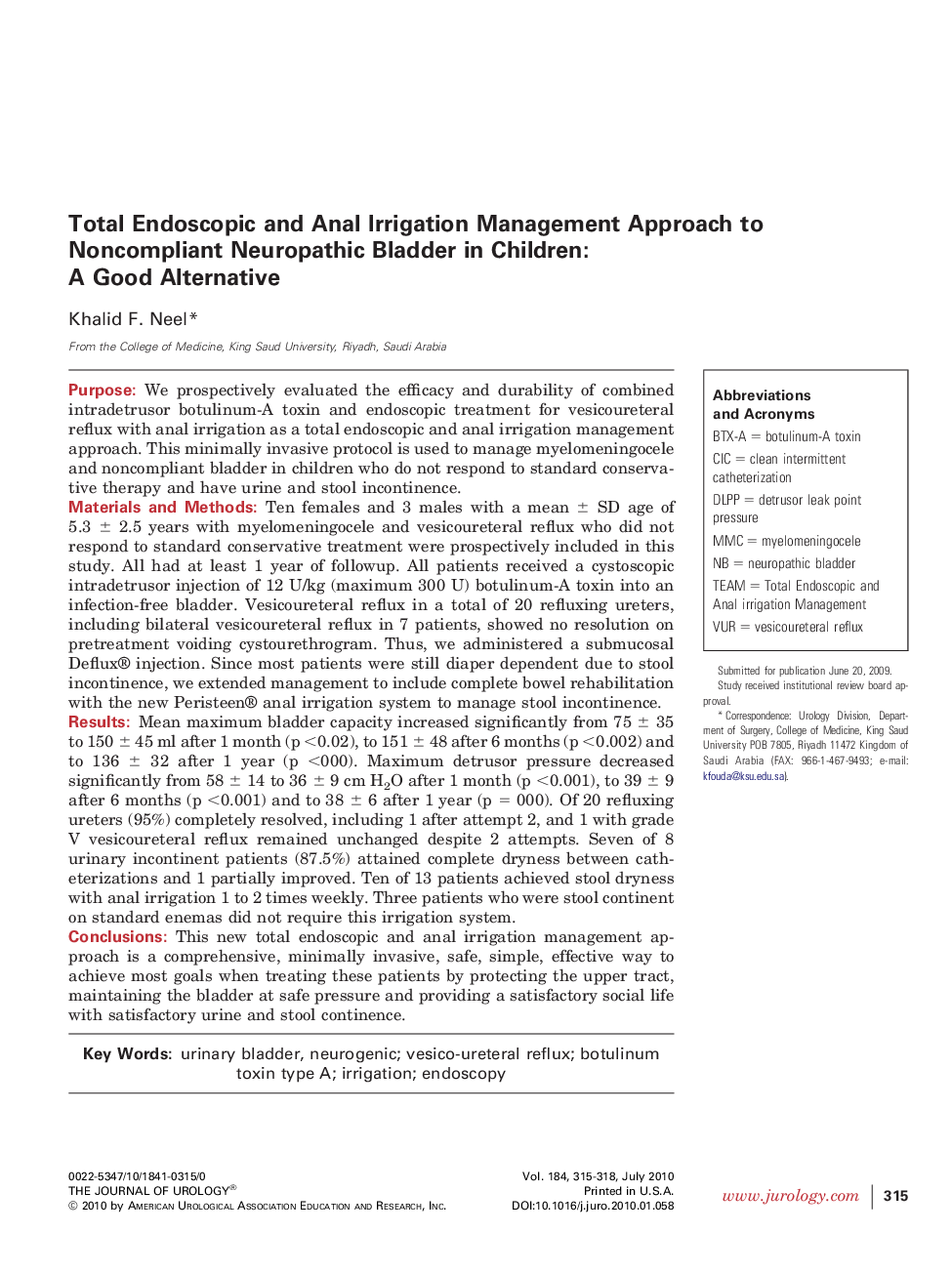 Total Endoscopic and Anal Irrigation Management Approach to Noncompliant Neuropathic Bladder in Children: A Good Alternative