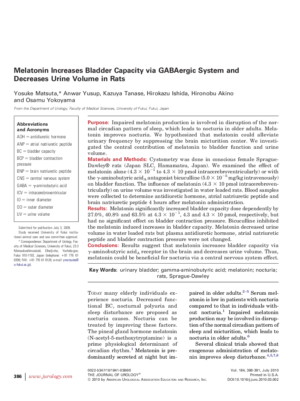 Melatonin Increases Bladder Capacity via GABAergic System and Decreases Urine Volume in Rats