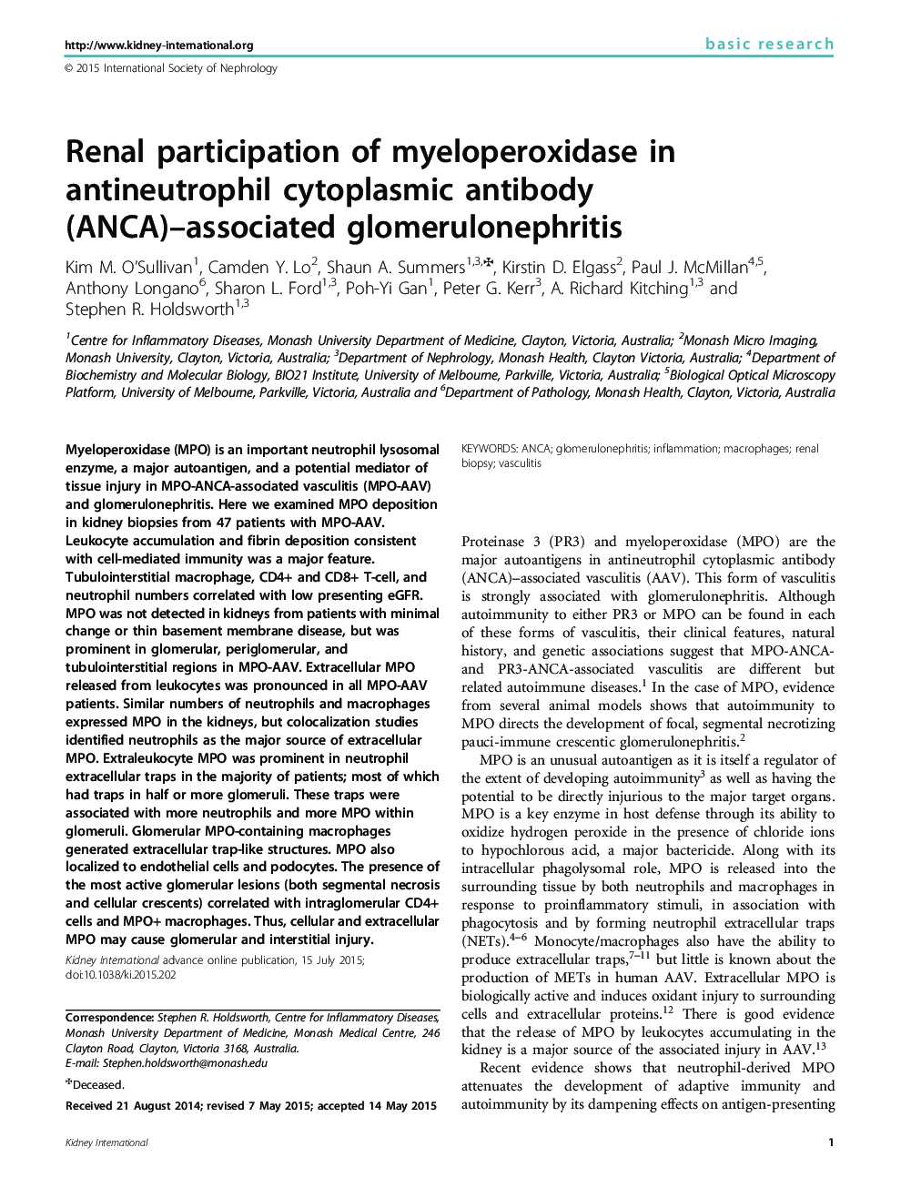 عکس صفحه اول مقاله: Renal participation of myeloperoxidase in antineutrophil cytoplasmic antibody (ANCA)-associated glomerulonephritis Renal participation of myeloperoxidase in antineutrophil cytoplasmic antibody (ANCA)-associated glomerulonephritis