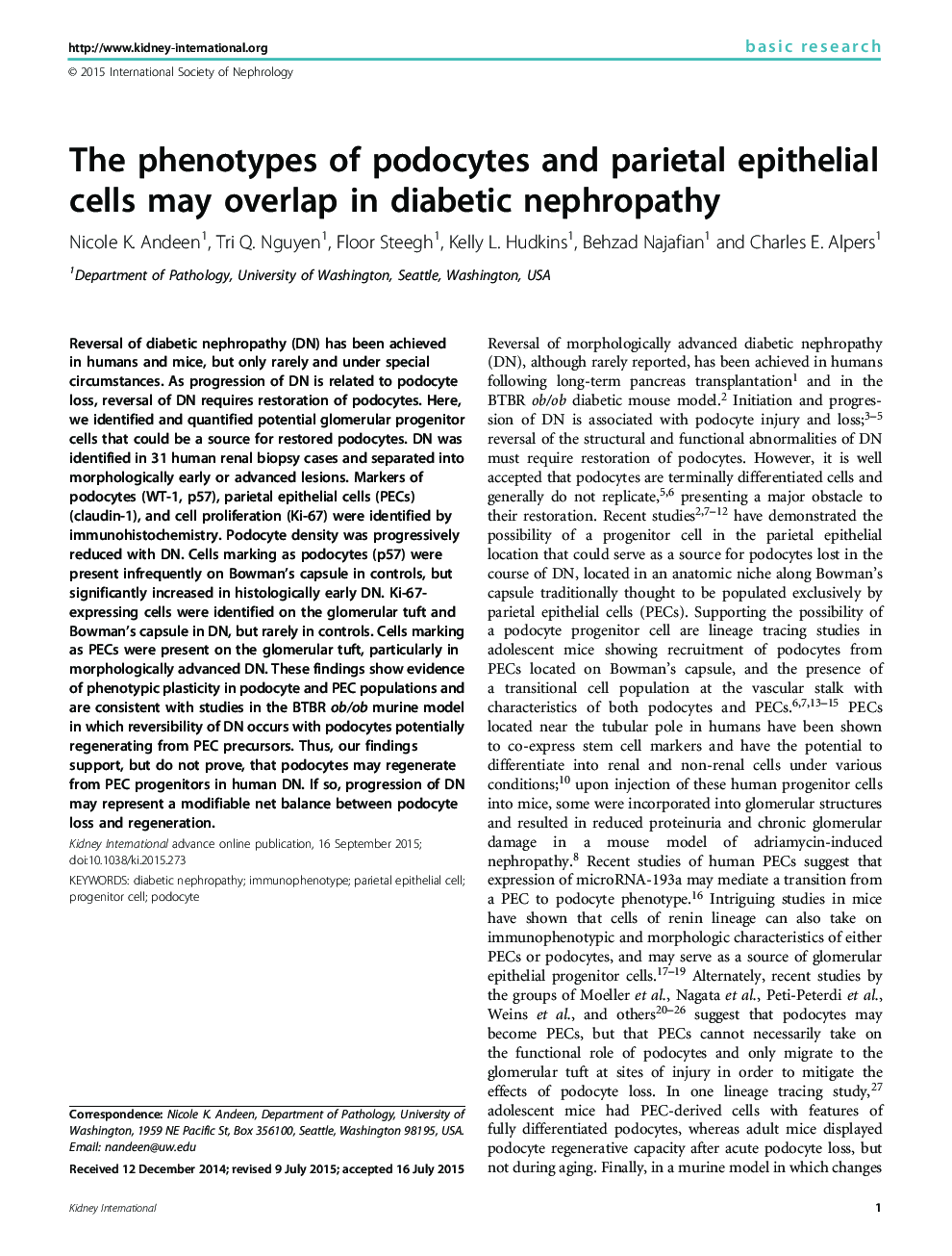 فنوتیپ های پادوکسی و سلول های اپیتلیال پاریتال ممکن است در نفروپاتی دیابتی 