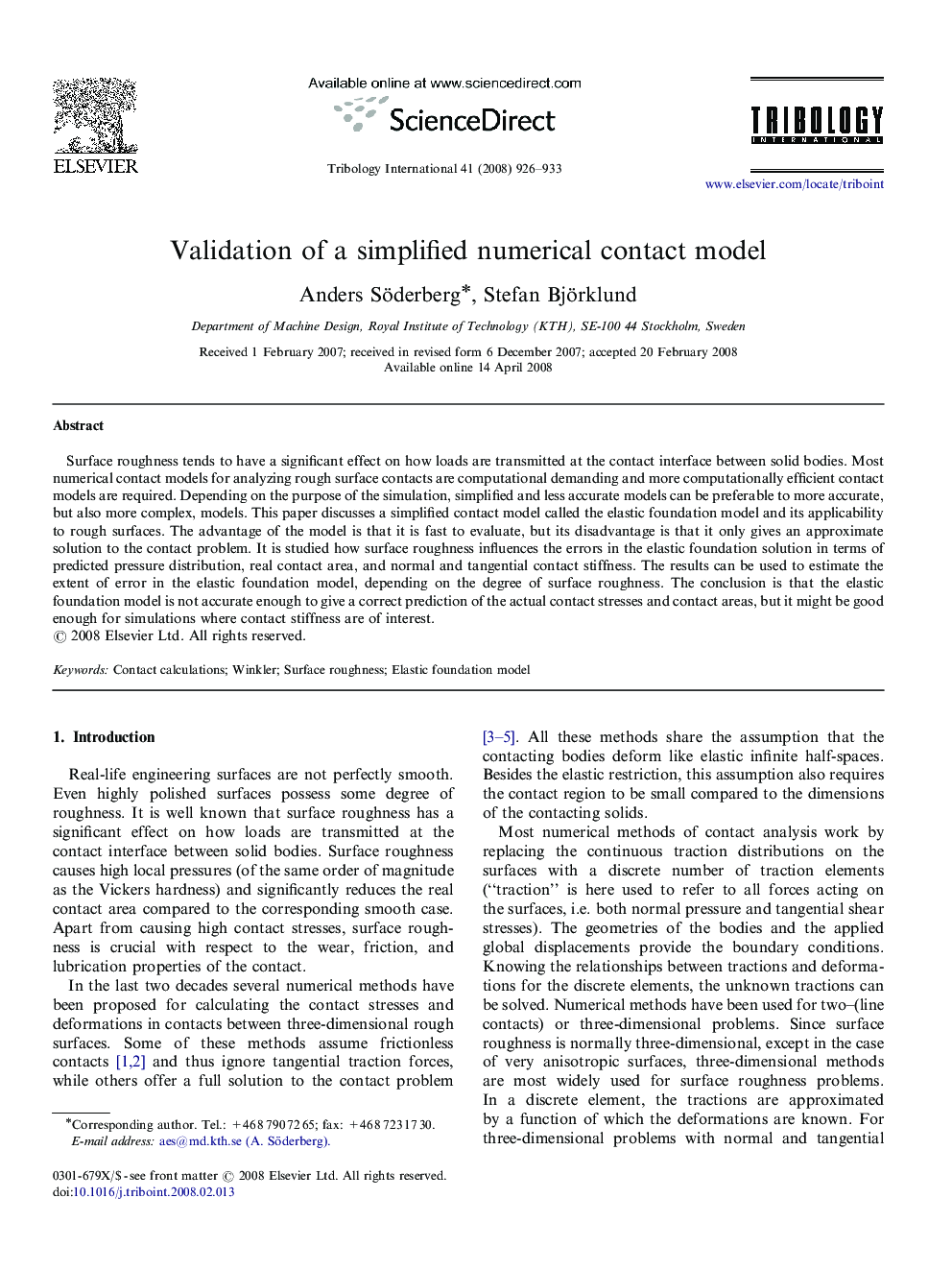 Validation of a simplified numerical contact model