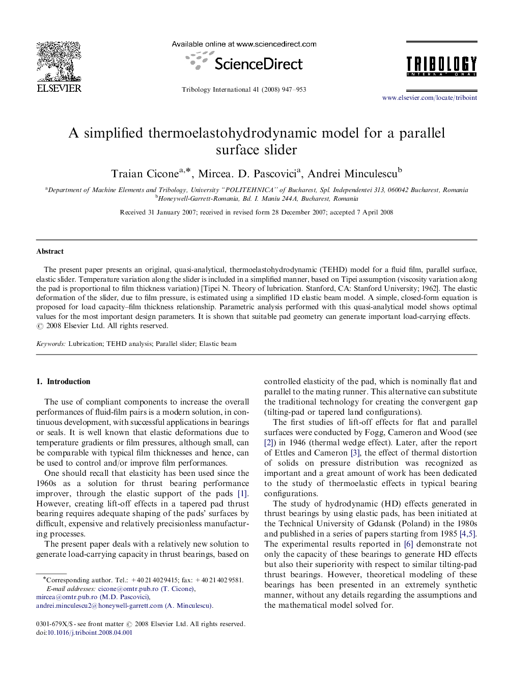 A simplified thermoelastohydrodynamic model for a parallel surface slider