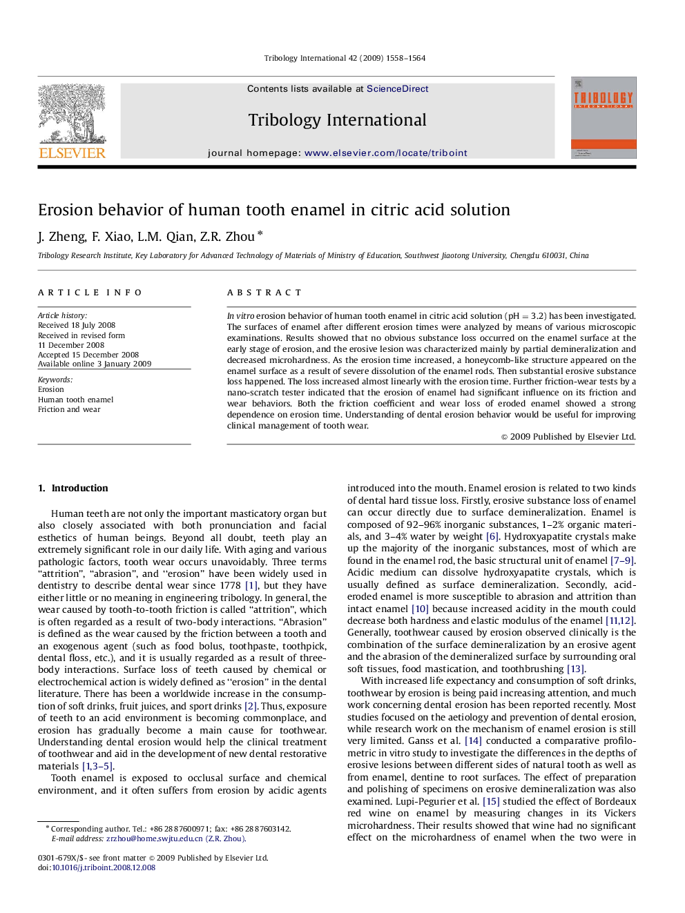 Erosion behavior of human tooth enamel in citric acid solution