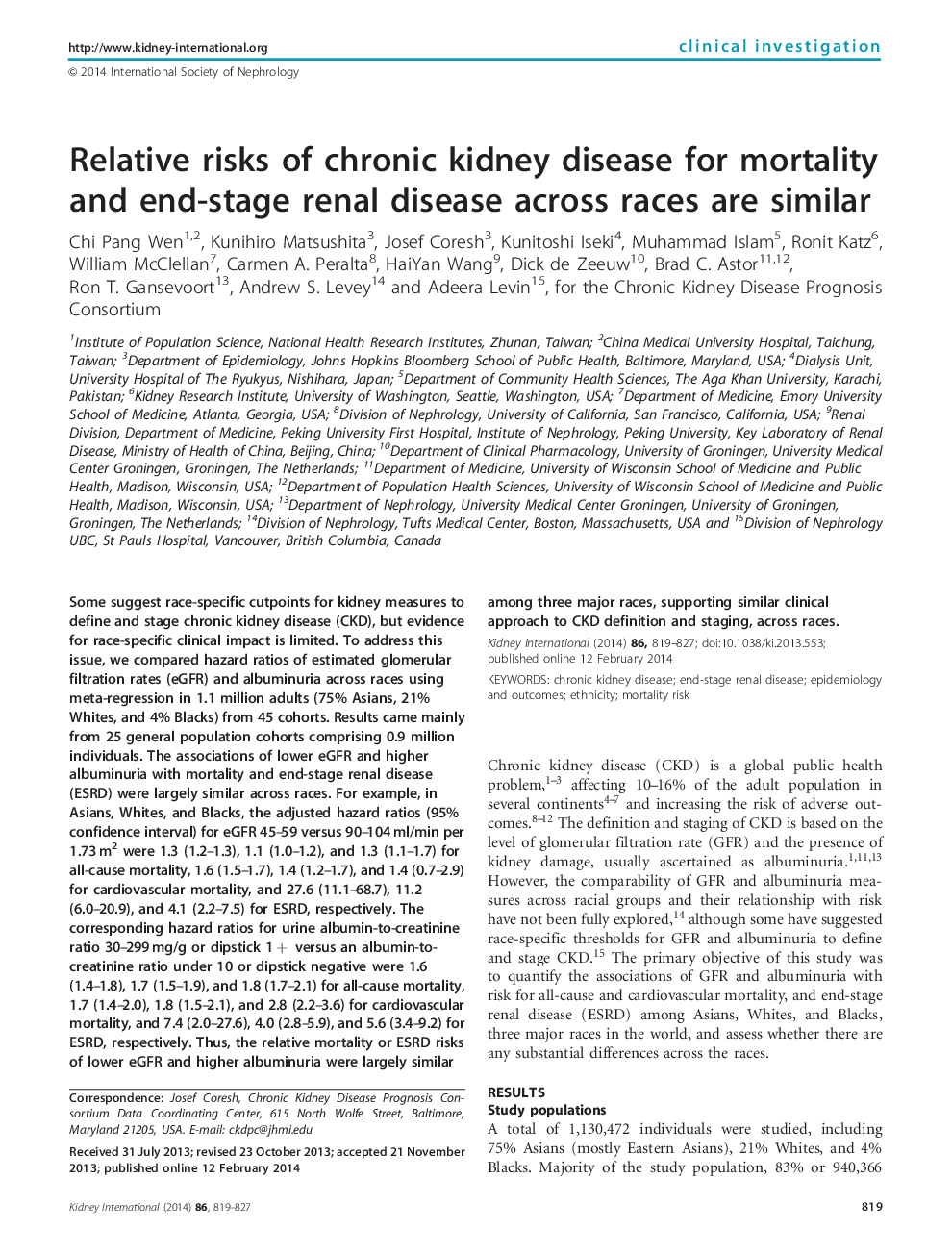 Relative risks of chronic kidney disease for mortality and end-stage renal disease across races are similar