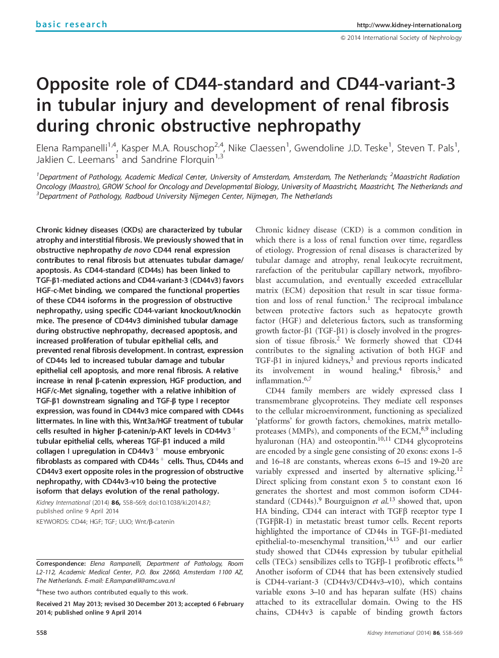 Opposite role of CD44-standard and CD44-variant-3 in tubular injury and development of renal fibrosis during chronic obstructive nephropathy