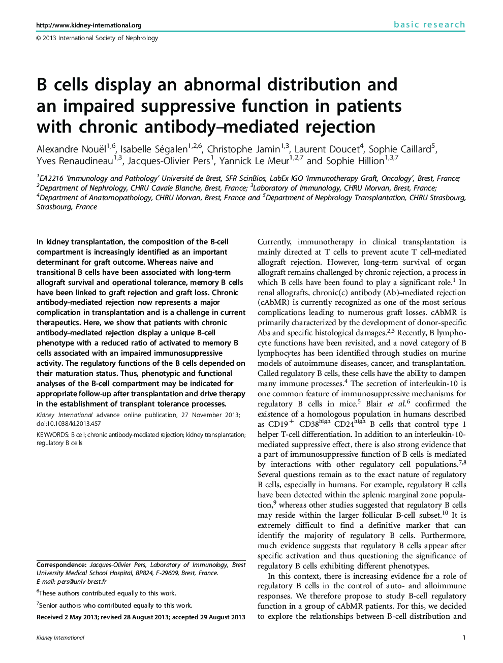 B cells display an abnormal distribution and an impaired suppressive function in patients with chronic antibody-mediated rejection