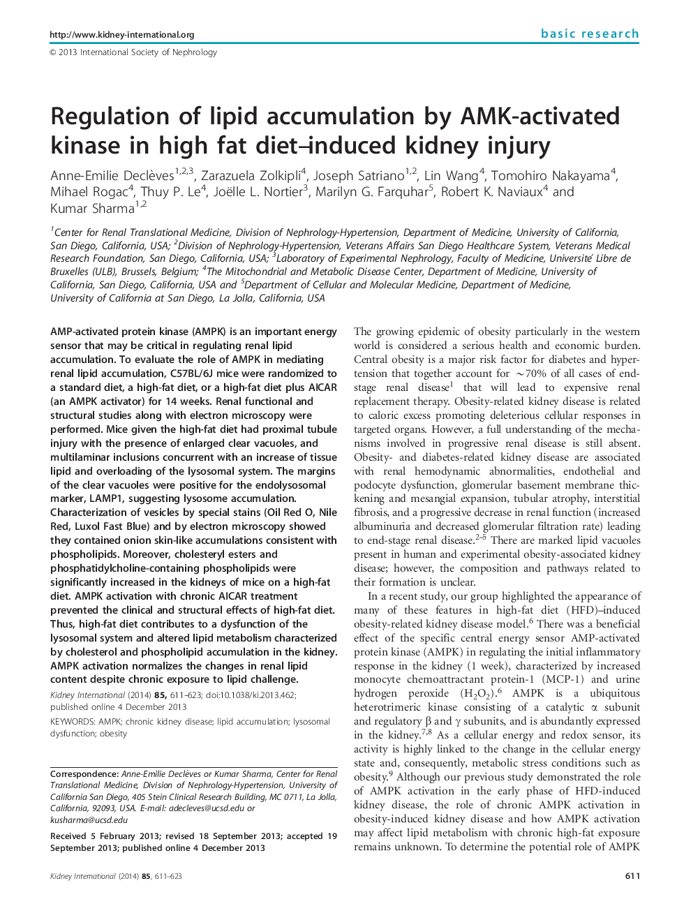 Regulation of lipid accumulation by AMK-activated kinase in high fat diet-induced kidney injury