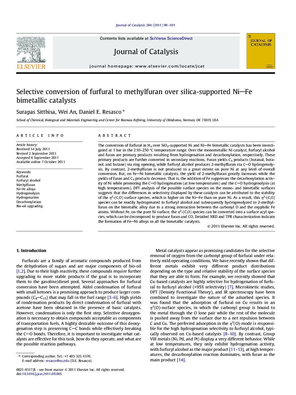 Selective conversion of furfural to methylfuran over silica-supported NiFe bimetallic catalysts