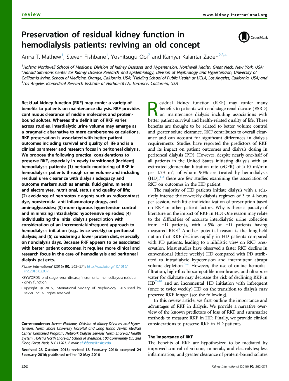 Preservation of residual kidney function in hemodialysis patients: reviving an old concept