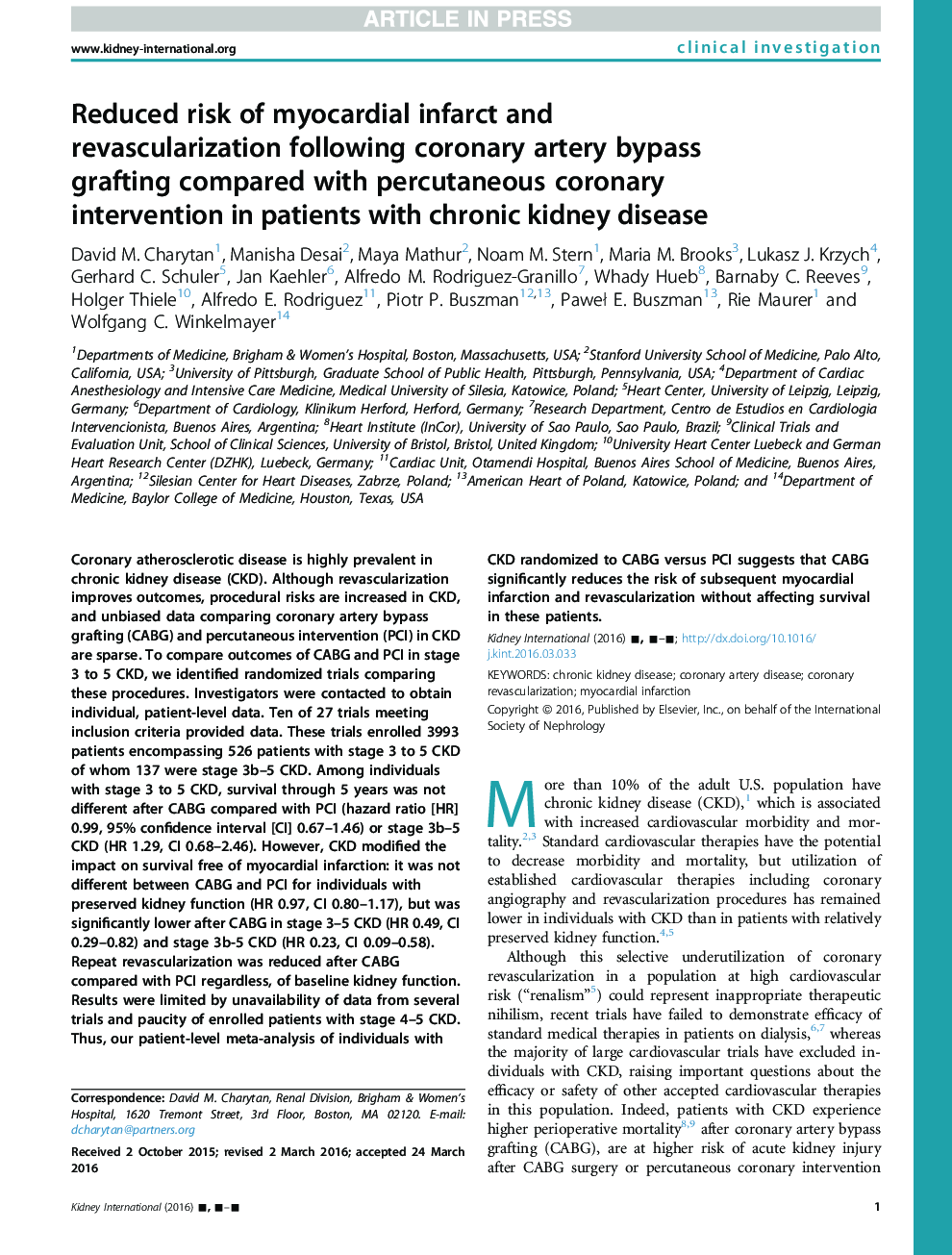 Reduced risk of myocardial infarct and revascularization following coronary artery bypass grafting compared with percutaneous coronary intervention in patients with chronic kidney disease