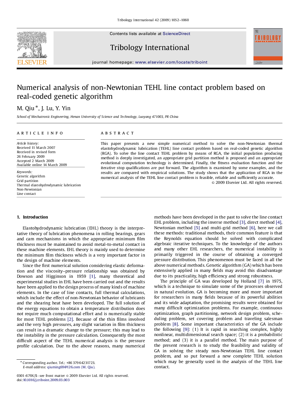 Numerical analysis of non-Newtonian TEHL line contact problem based on real-coded genetic algorithm