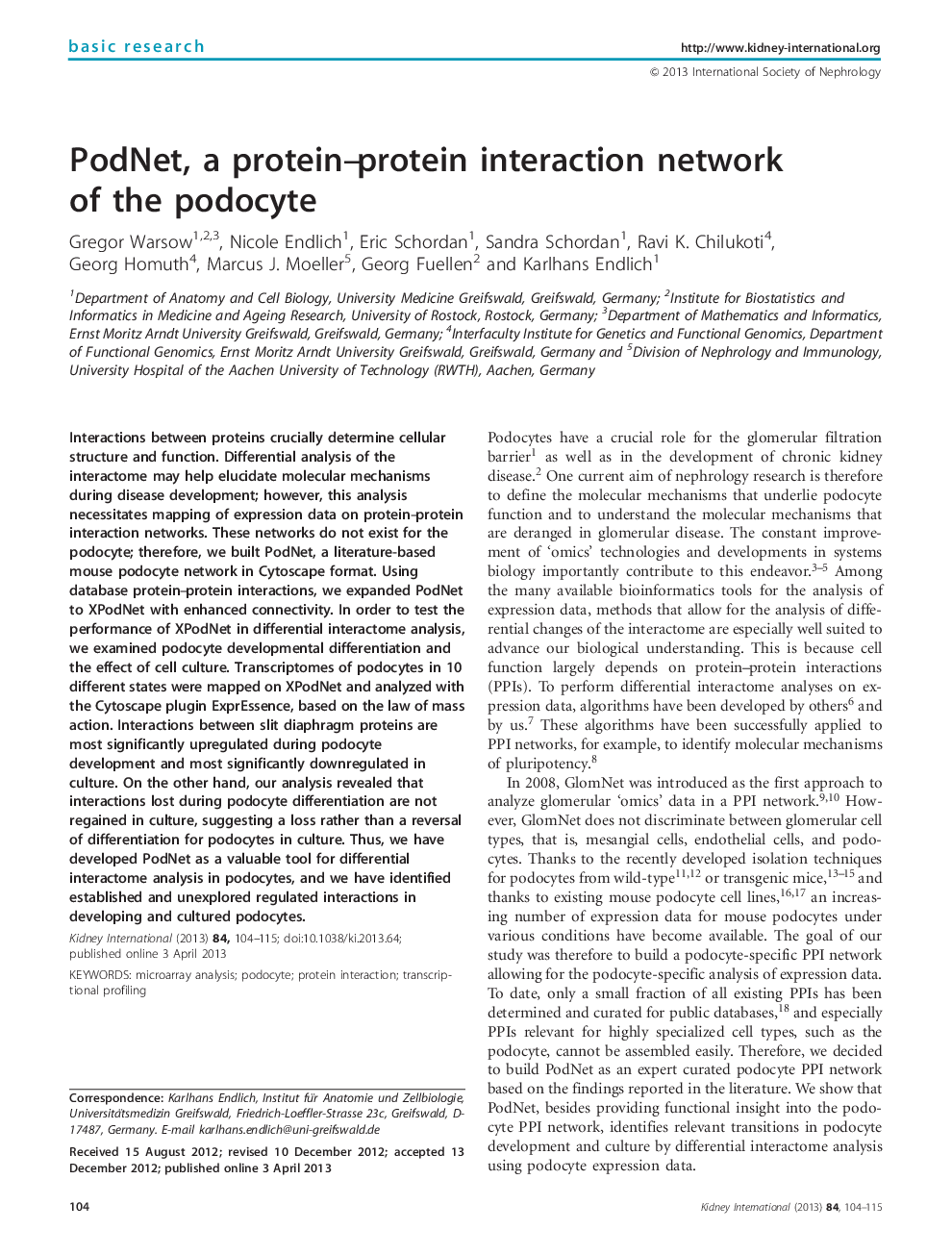 PodNet, a protein-protein interaction network of the podocyte