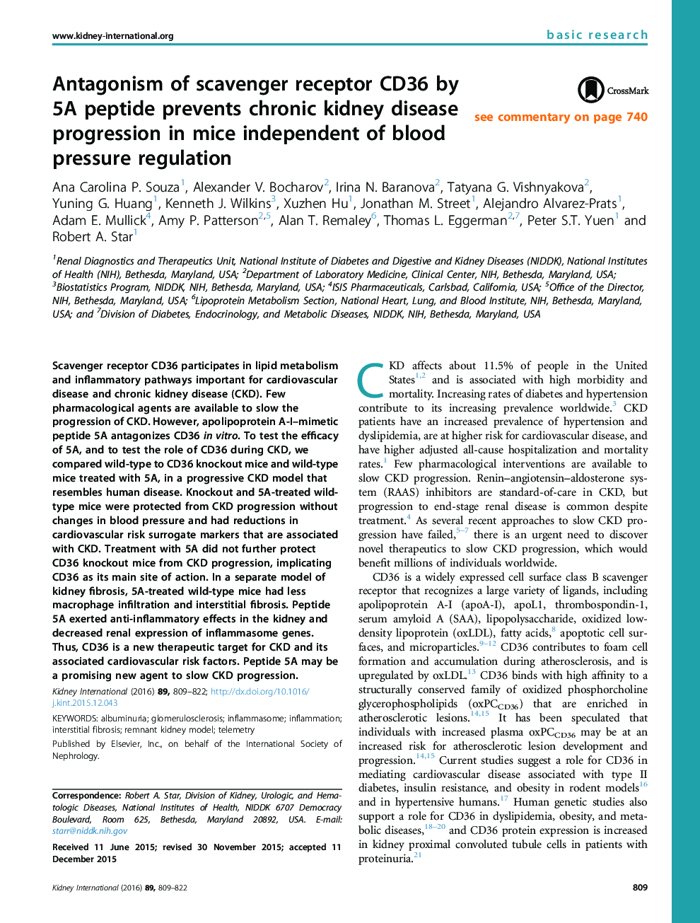 Antagonism of scavenger receptor CD36 by 5AÂ peptide prevents chronic kidney disease progression in mice independent of blood pressureÂ regulation