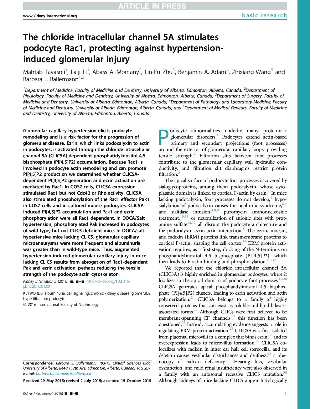 The chloride intracellular channel 5A stimulates podocyte Rac1, protecting against hypertension-induced glomerular injury