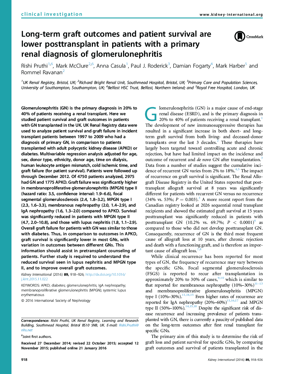 Long-term graft outcomes and patient survival are lower posttransplant in patients with a primary renal diagnosis of glomerulonephritis