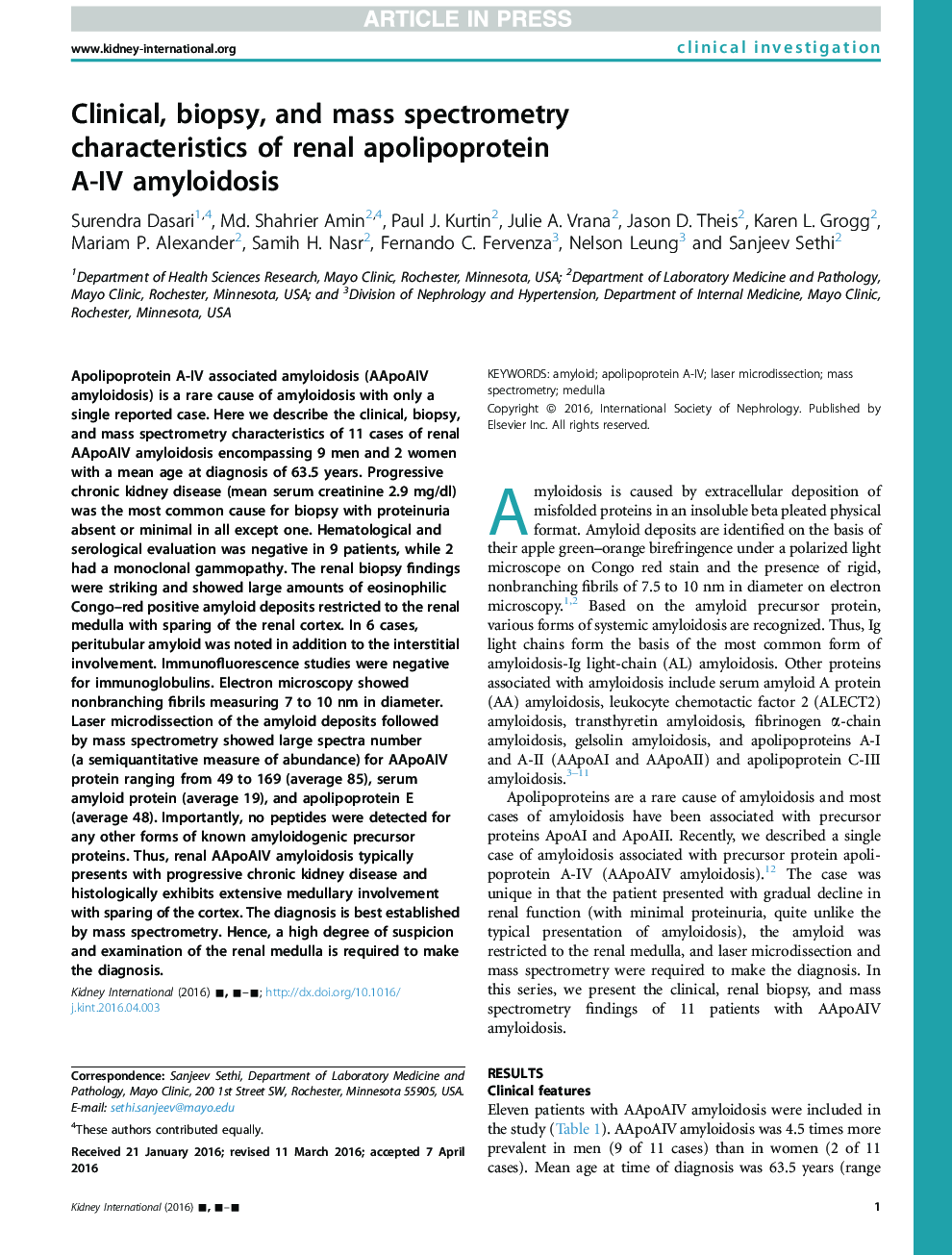 Clinical, biopsy, and mass spectrometry characteristics of renal apolipoprotein A-IVÂ amyloidosis