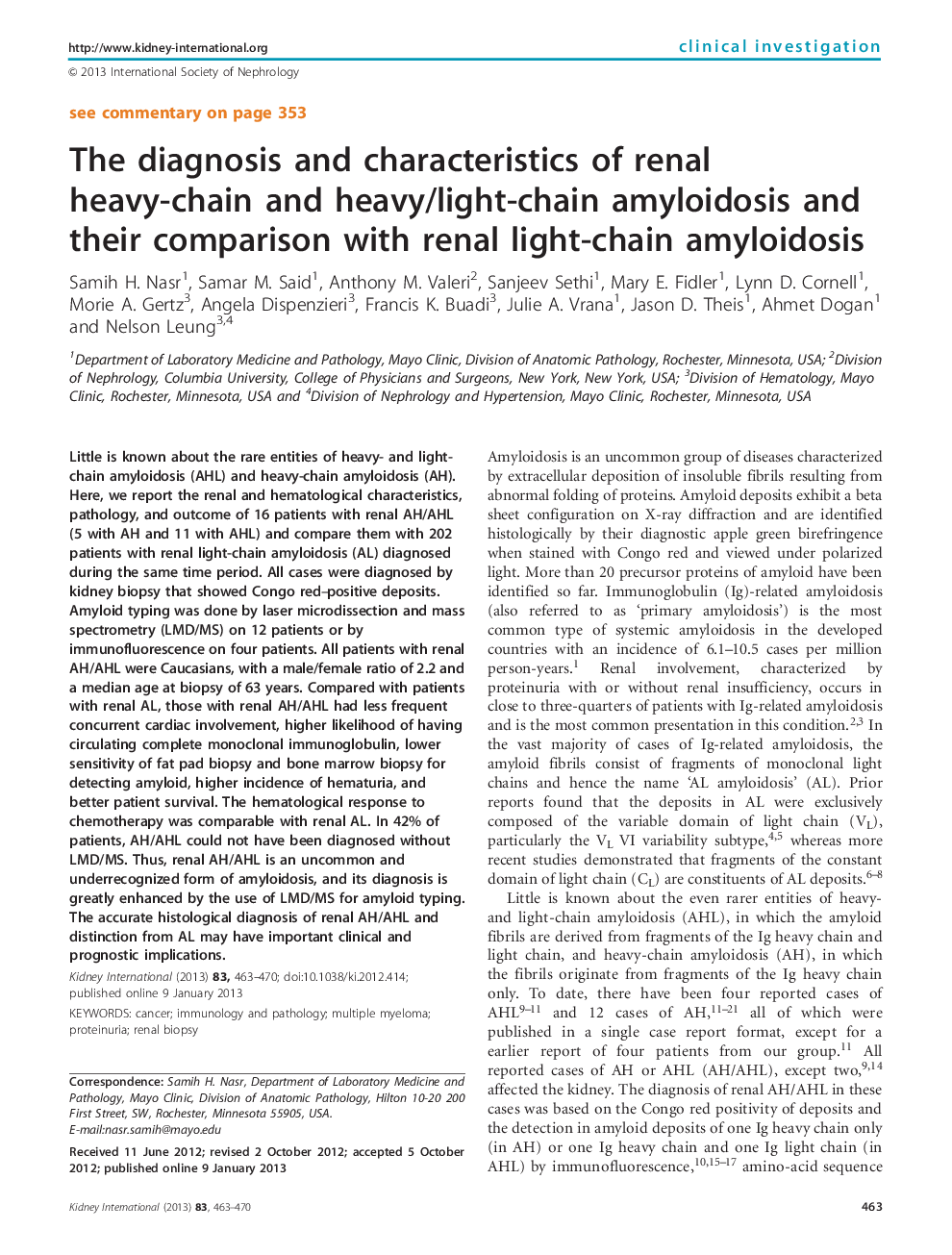 The diagnosis and characteristics of renal heavy-chain and heavy/light-chain amyloidosis and their comparison with renal light-chain amyloidosis