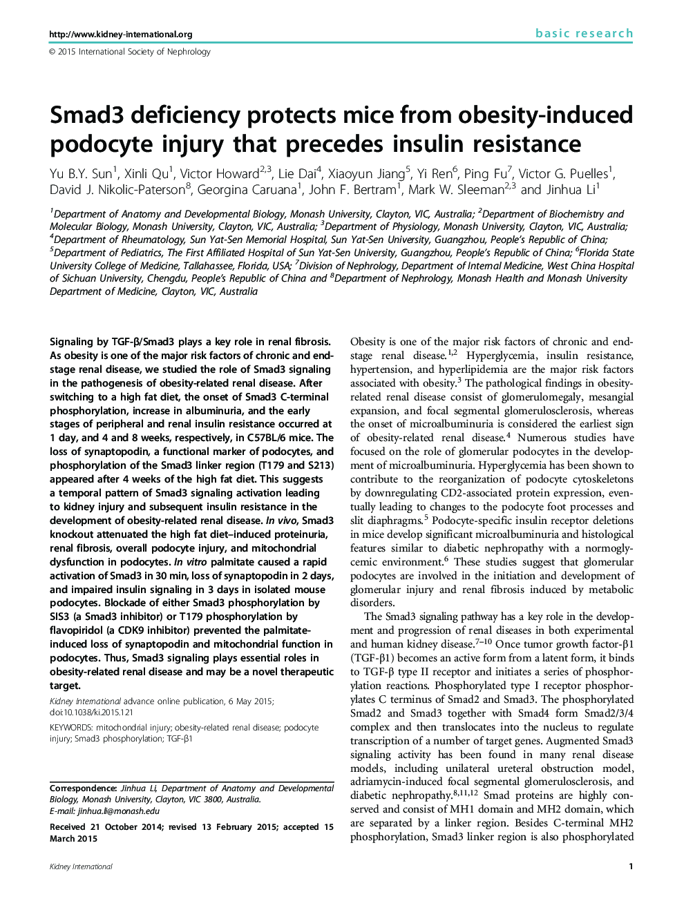 Smad3 deficiency protects mice from obesity-induced podocyte injury that precedes insulin resistance