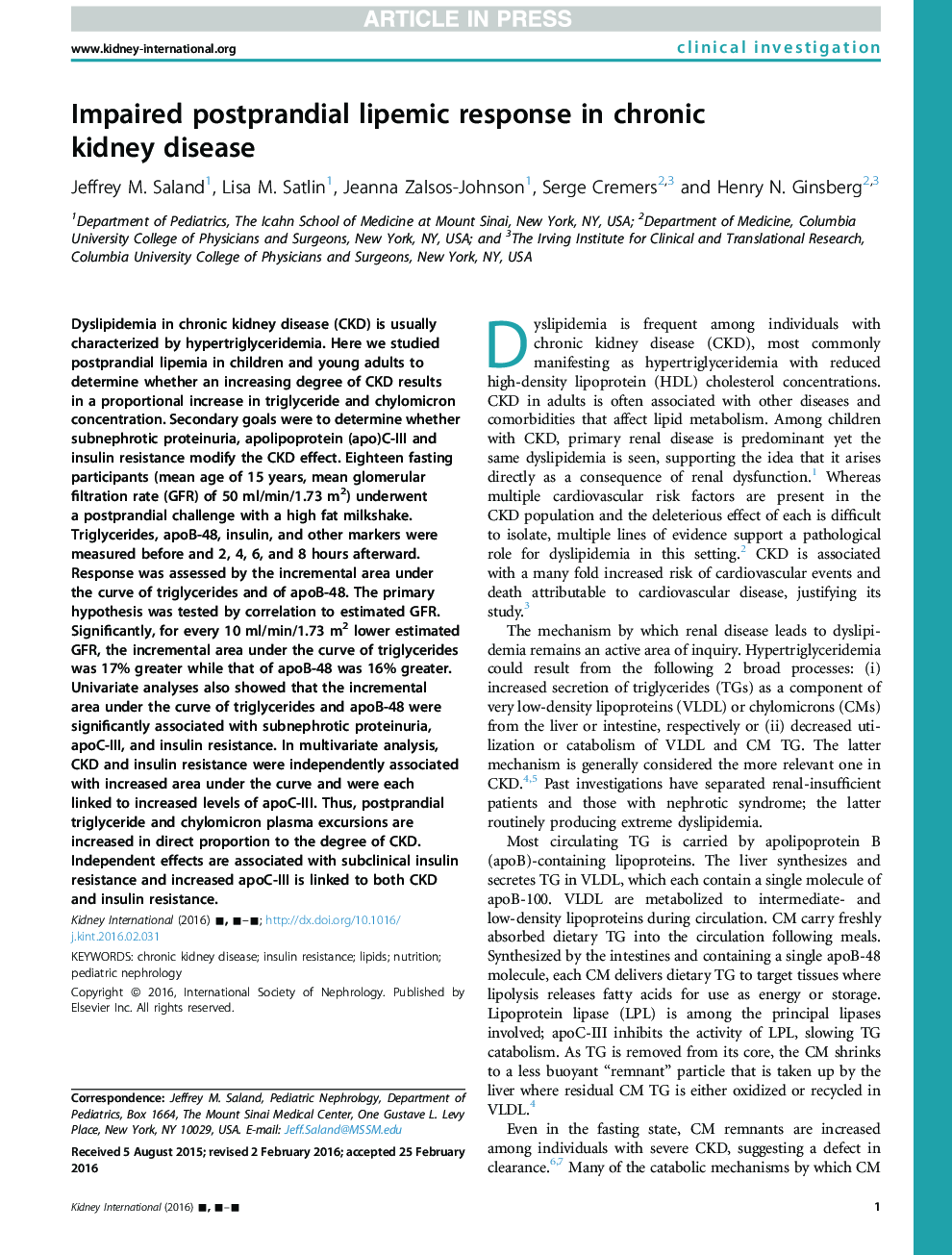 Impaired postprandial lipemic response in chronic kidney disease