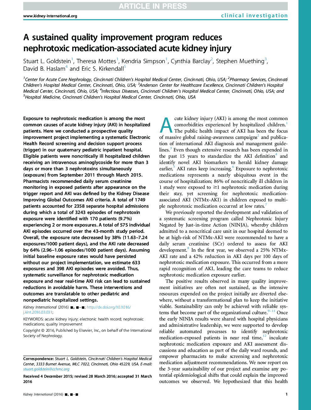 A sustained quality improvement program reduces nephrotoxic medication-associated acute kidney injury