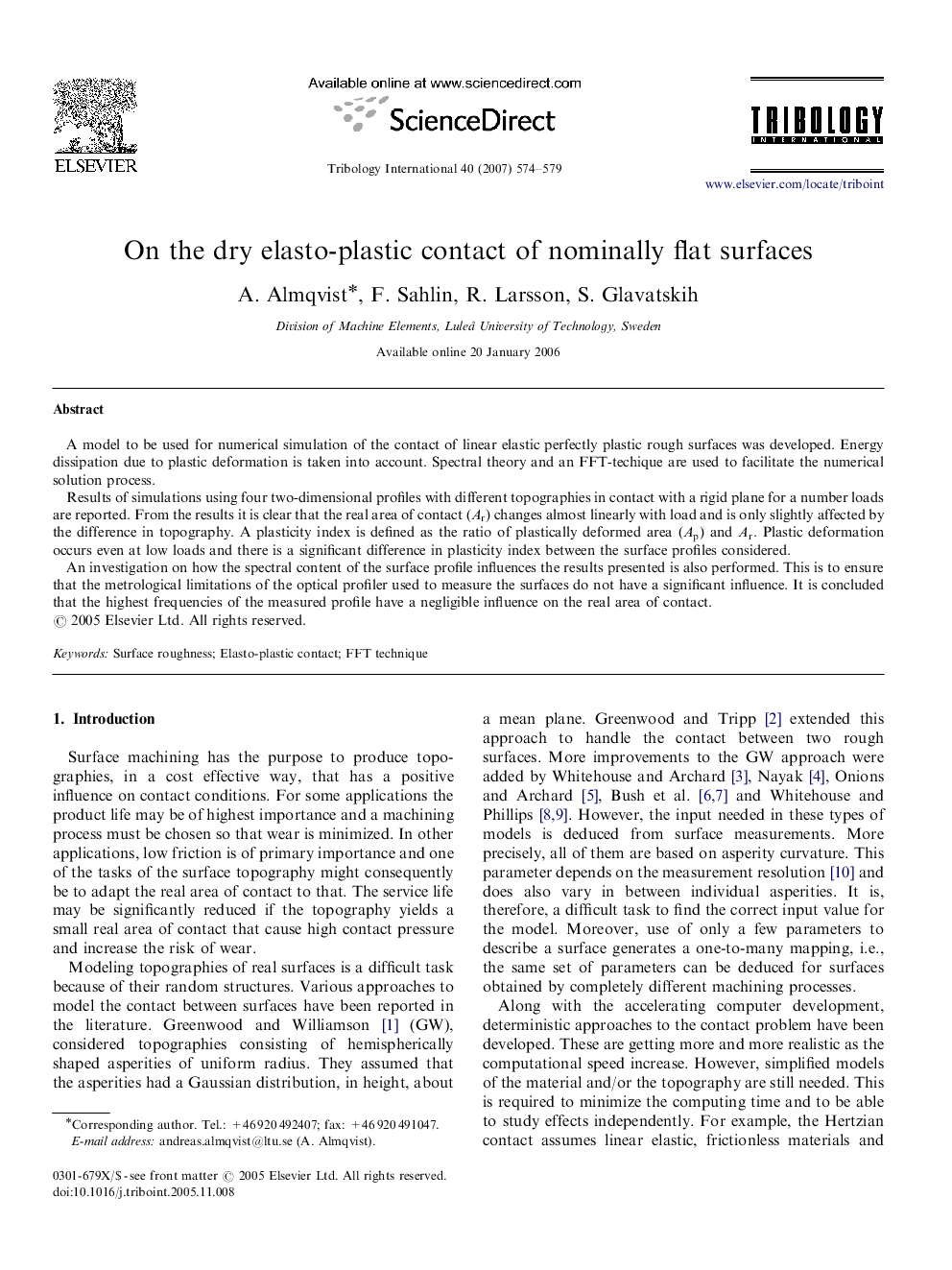 On the dry elasto-plastic contact of nominally flat surfaces