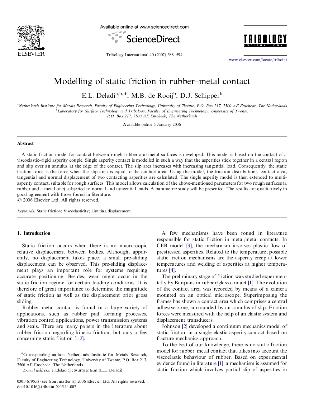 Modelling of static friction in rubber–metal contact