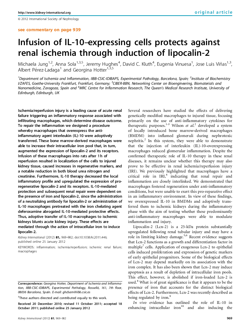 Infusion of IL-10-expressing cells protects against renal ischemia through induction of lipocalin-2