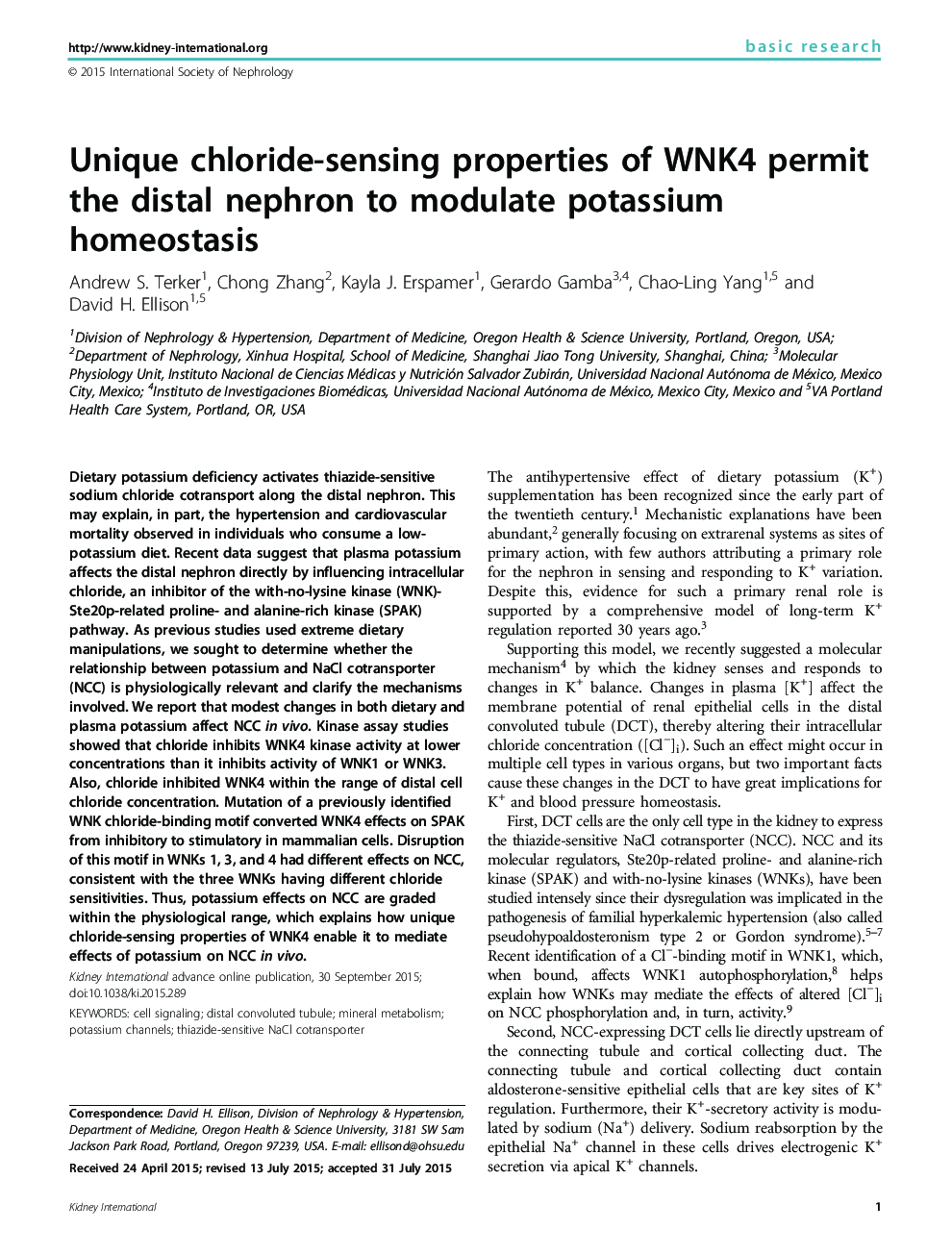 Unique chloride-sensing properties of WNK4 permit the distal nephron to modulate potassium homeostasis