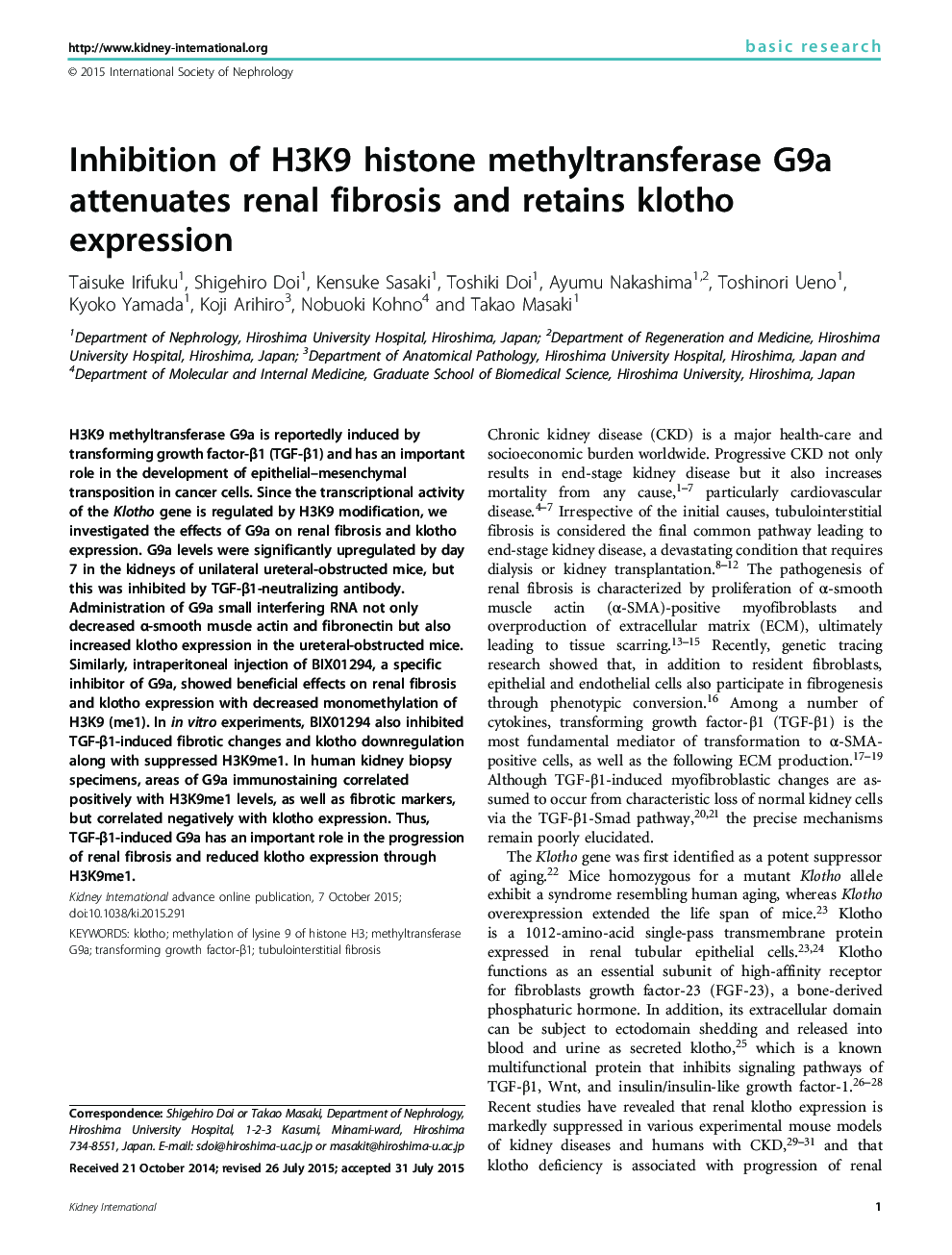 Inhibition of H3K9 histone methyltransferase G9a attenuates renal fibrosis and retains klotho expression