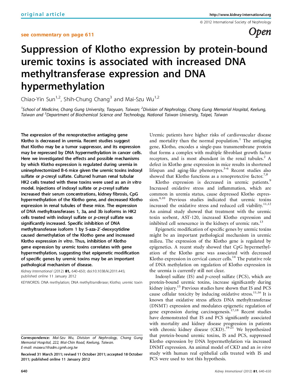 Suppression of Klotho expression by protein-bound uremic toxins is associated with increased DNA methyltransferase expression and DNA hypermethylation