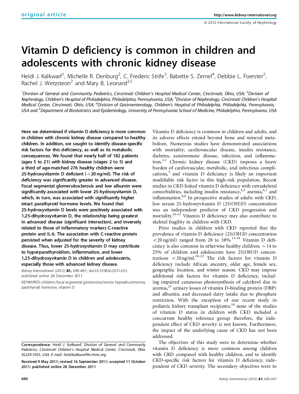 Vitamin D deficiency is common in children and adolescents with chronic kidney disease