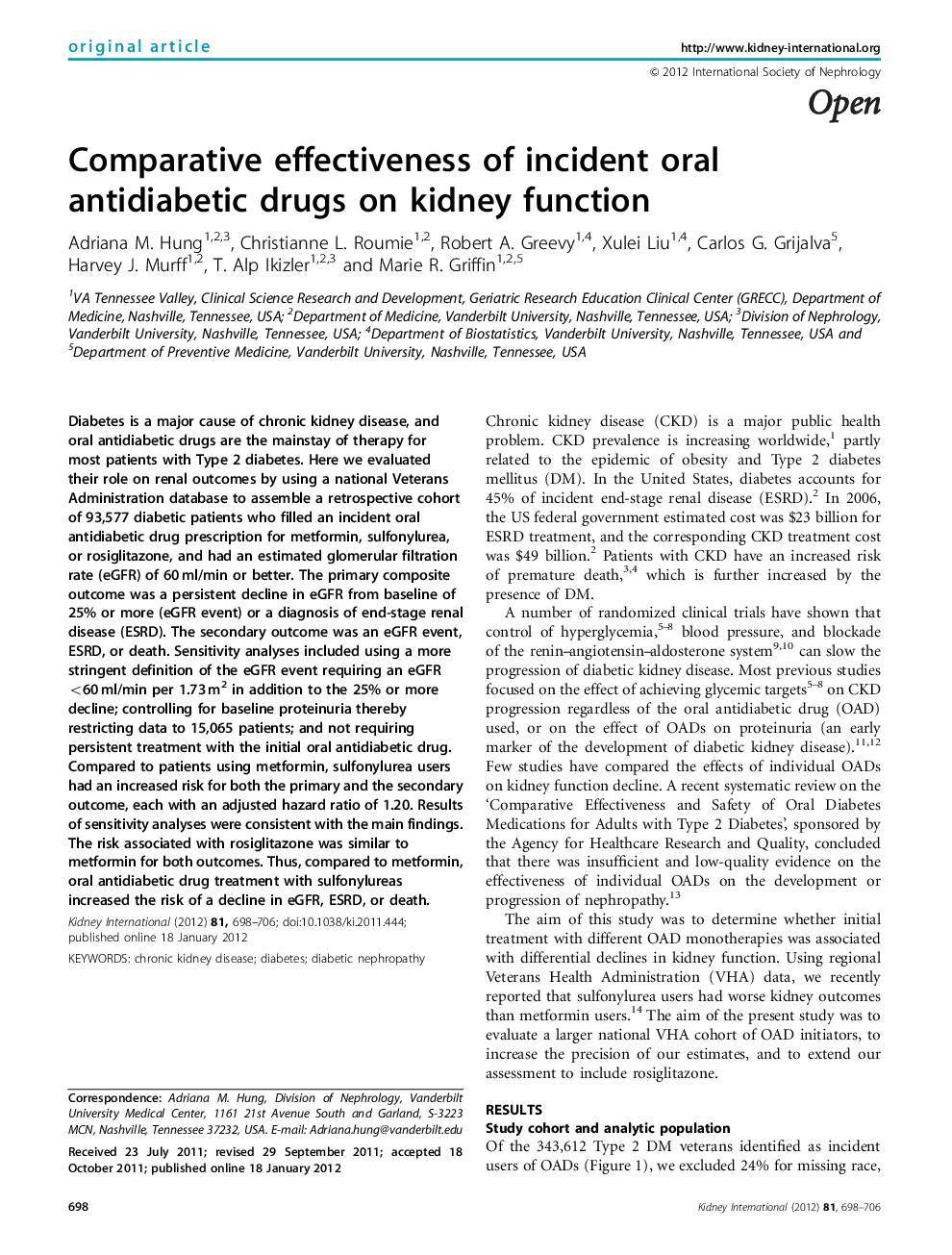 Comparative effectiveness of incident oral antidiabetic drugs on kidney function