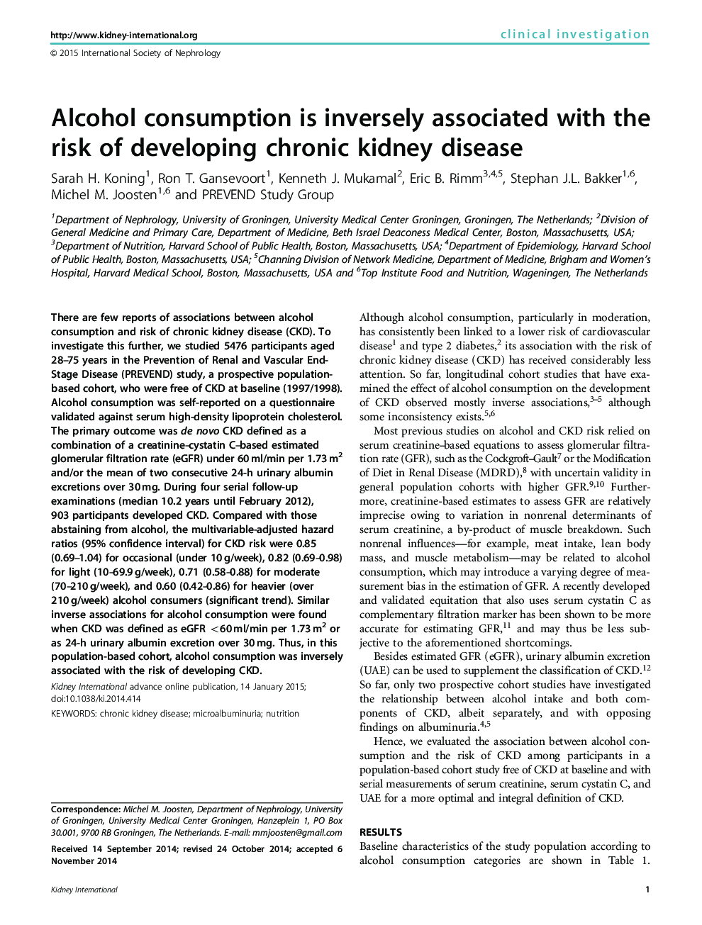 Alcohol consumption is inversely associated with the risk of developing chronic kidney disease