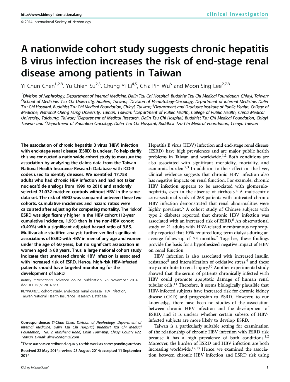 A nationwide cohort study suggests chronic hepatitis B virus infection increases the risk of end-stage renal disease among patients in Taiwan