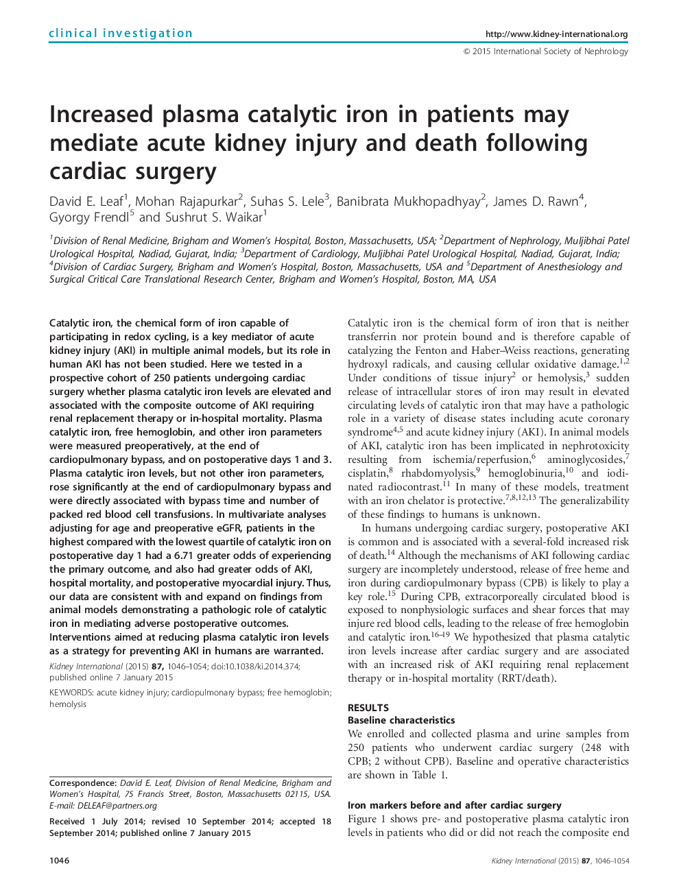 Increased plasma catalytic iron in patients may mediate acute kidney injury and death following cardiac surgery