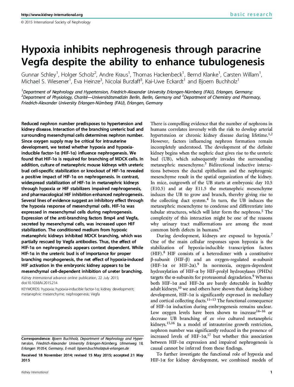 Hypoxia inhibits nephrogenesis through paracrine Vegfa despite the ability to enhance tubulogenesis