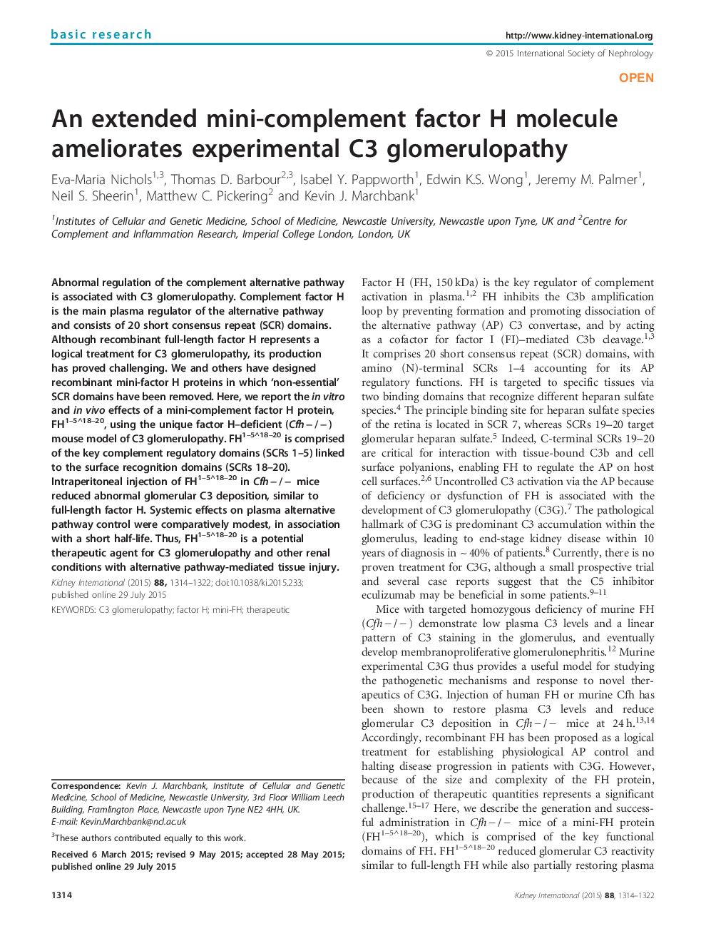 An extended mini-complement factor H molecule ameliorates experimental C3 glomerulopathy