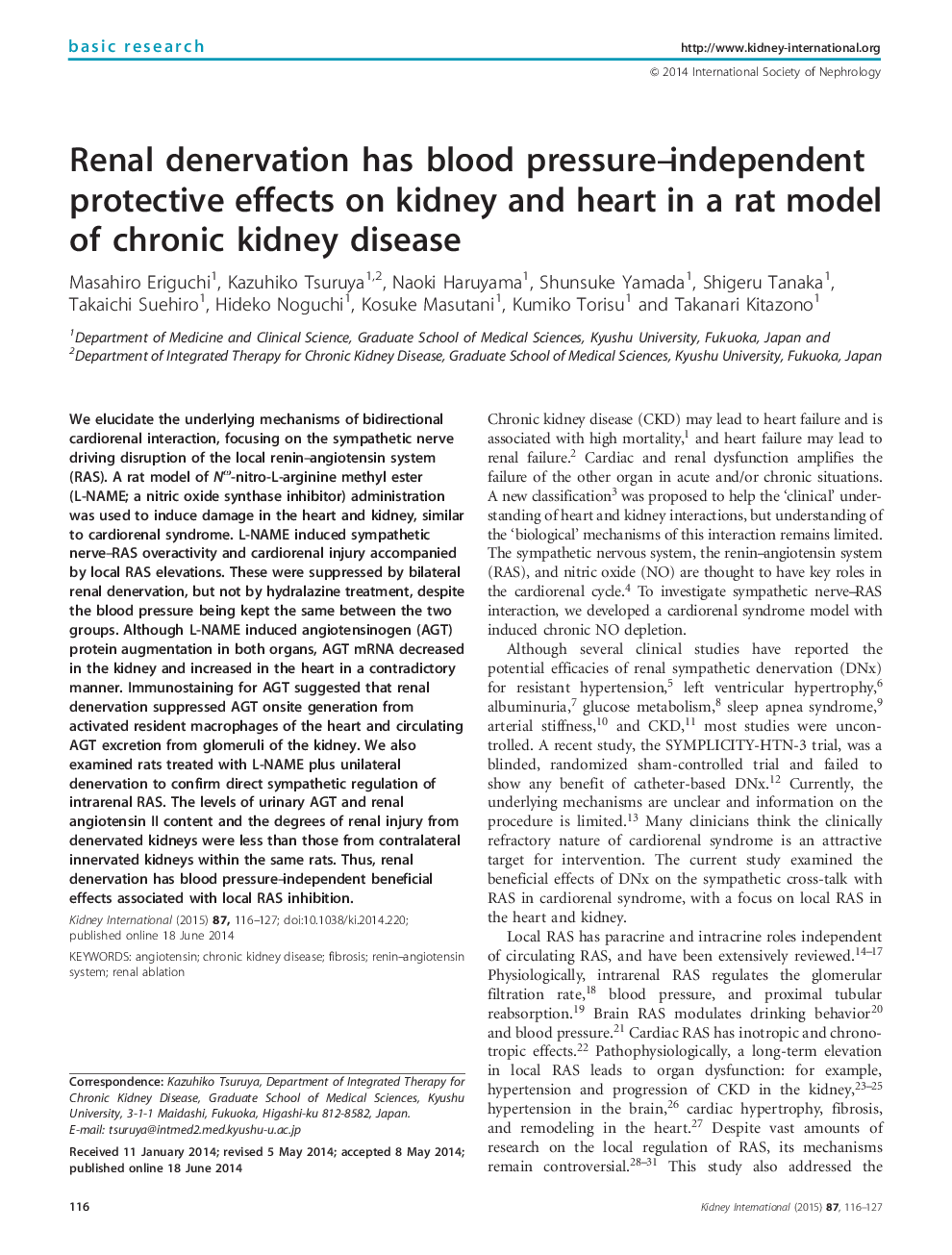 Renal denervation has blood pressure-independent protective effects on kidney and heart in a rat model of chronic kidney disease