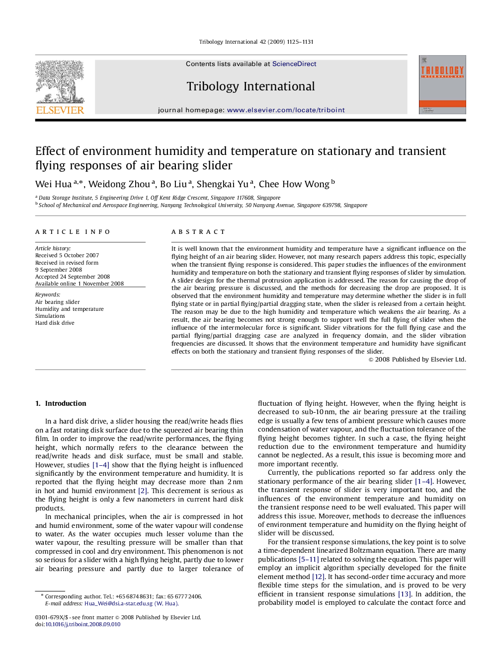 Effect of environment humidity and temperature on stationary and transient flying responses of air bearing slider