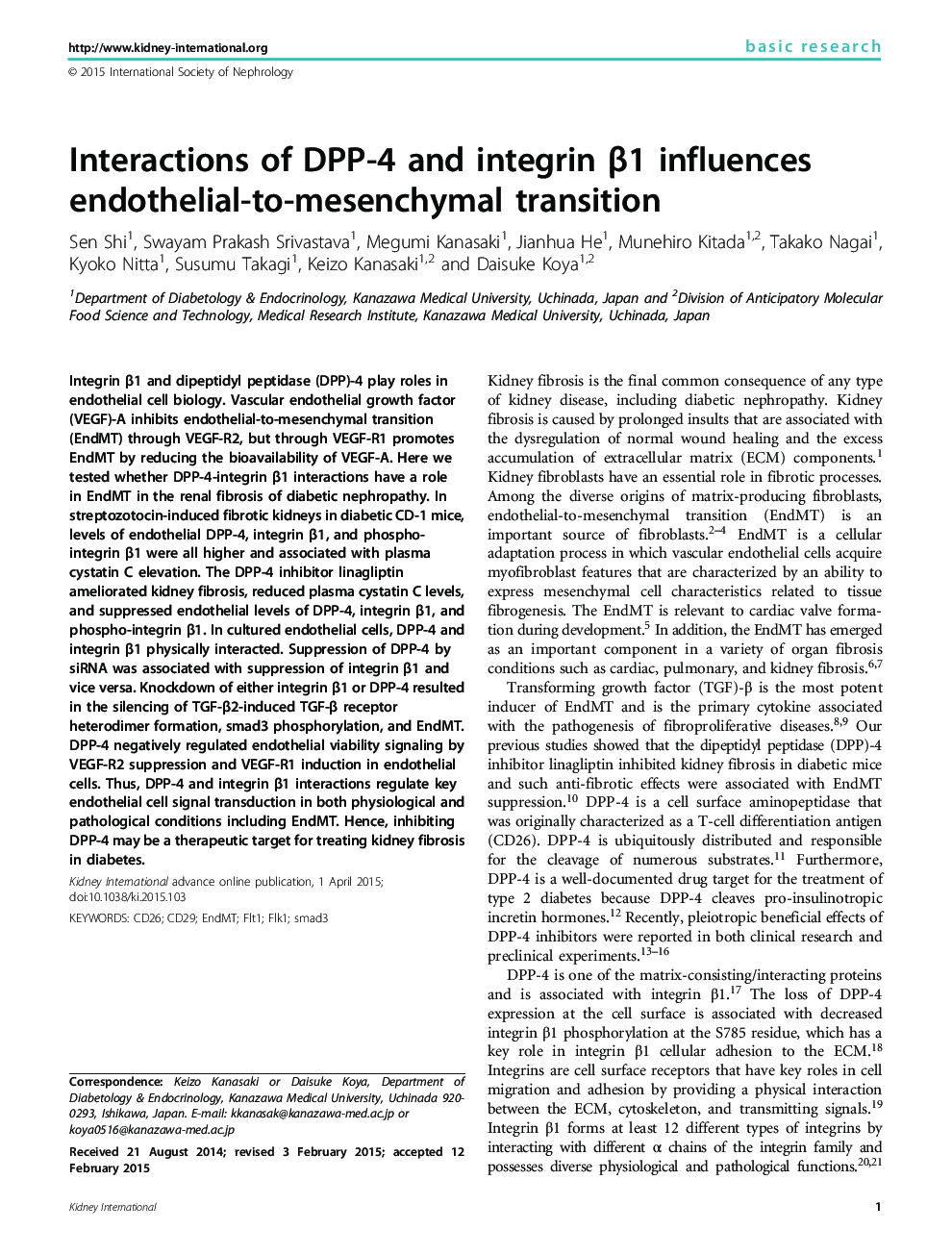Interactions of DPP-4 and integrin Î²1 influences endothelial-to-mesenchymal transition