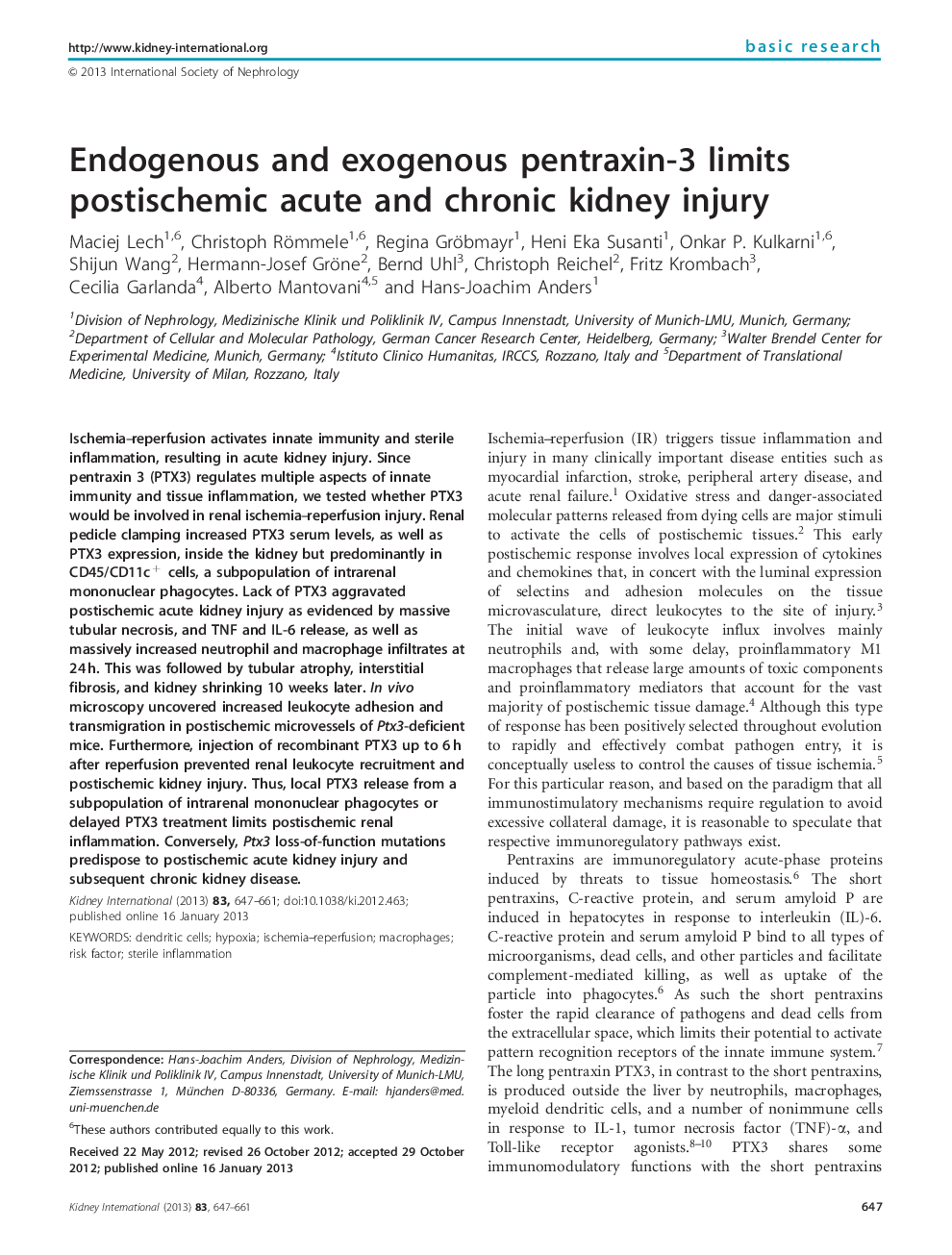 Endogenous and exogenous pentraxin-3 limits postischemic acute and chronic kidney injury