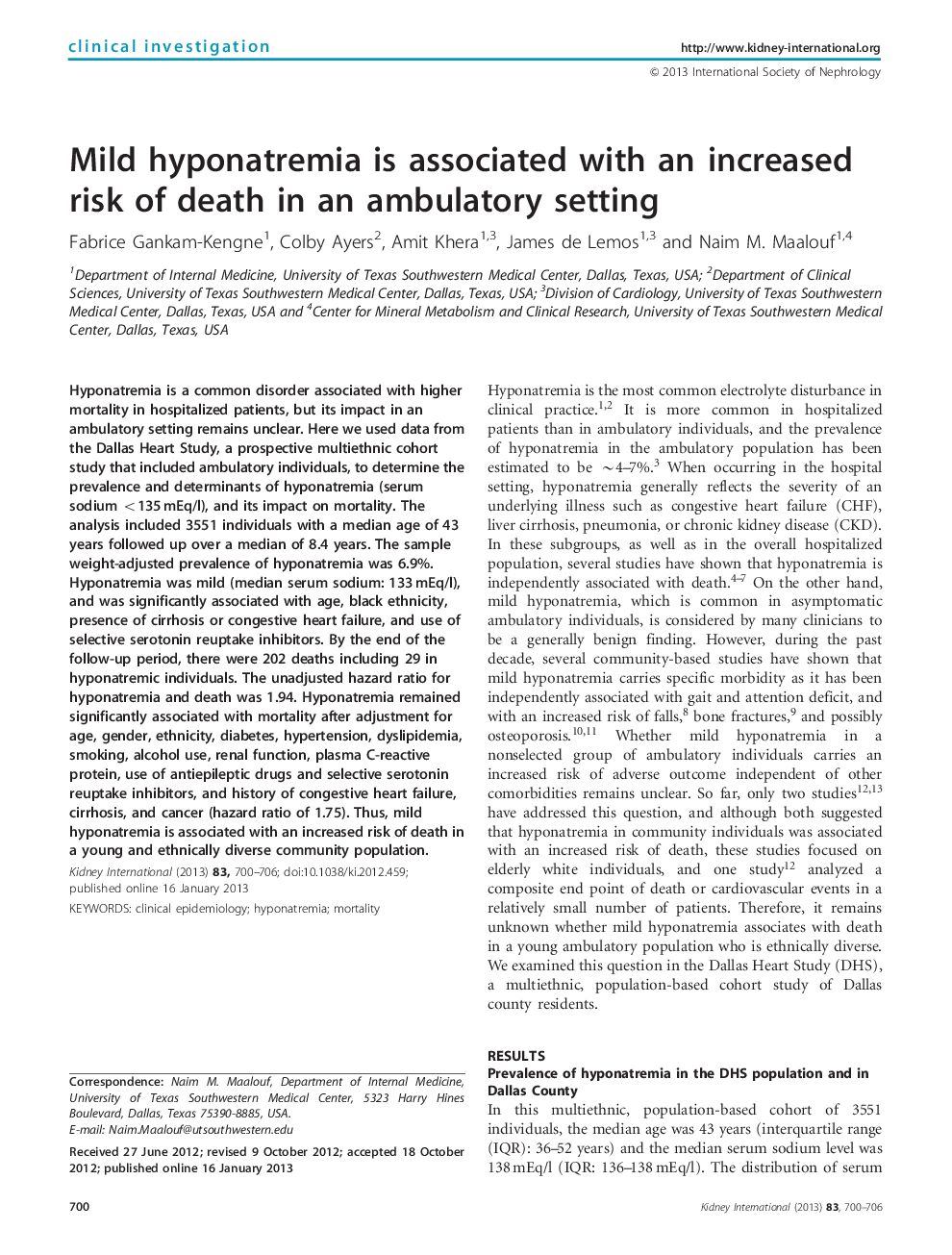 Mild hyponatremia is associated with an increased risk of death in an ambulatory setting