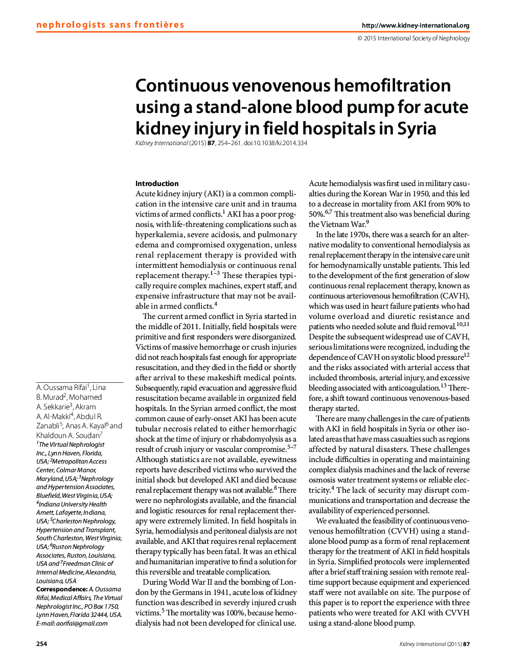 Continuous venovenous hemofiltration using a stand-alone blood pump for acute kidney injury in field hospitals in Syria