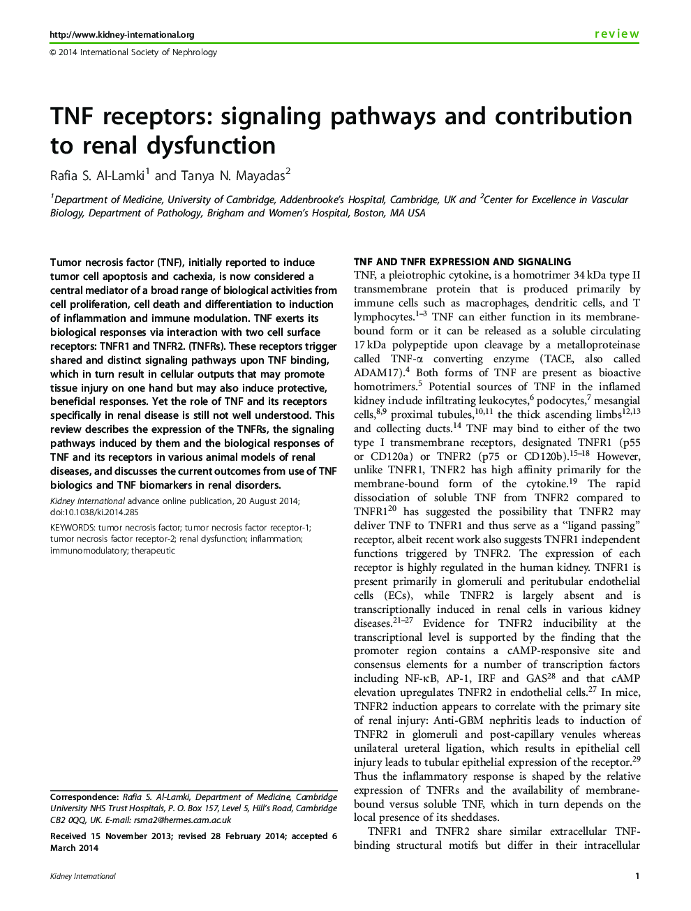 TNF receptors: signaling pathways and contribution to renal dysfunction