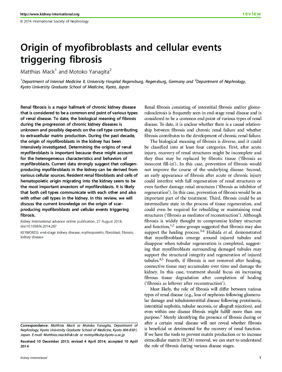 Origin of myofibroblasts and cellular events triggering fibrosis