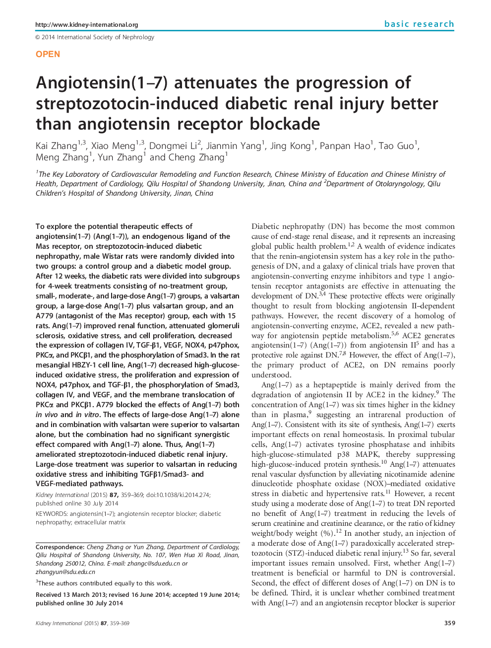 Angiotensin(1-7) attenuates the progression of streptozotocin-induced diabetic renal injury better than angiotensin receptor blockade