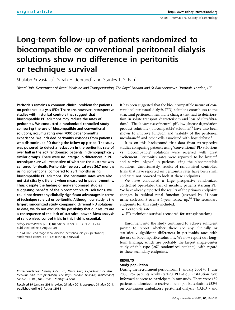 Long-term follow-up of patients randomized to biocompatible or conventional peritoneal dialysis solutions show no difference in peritonitis or technique survival