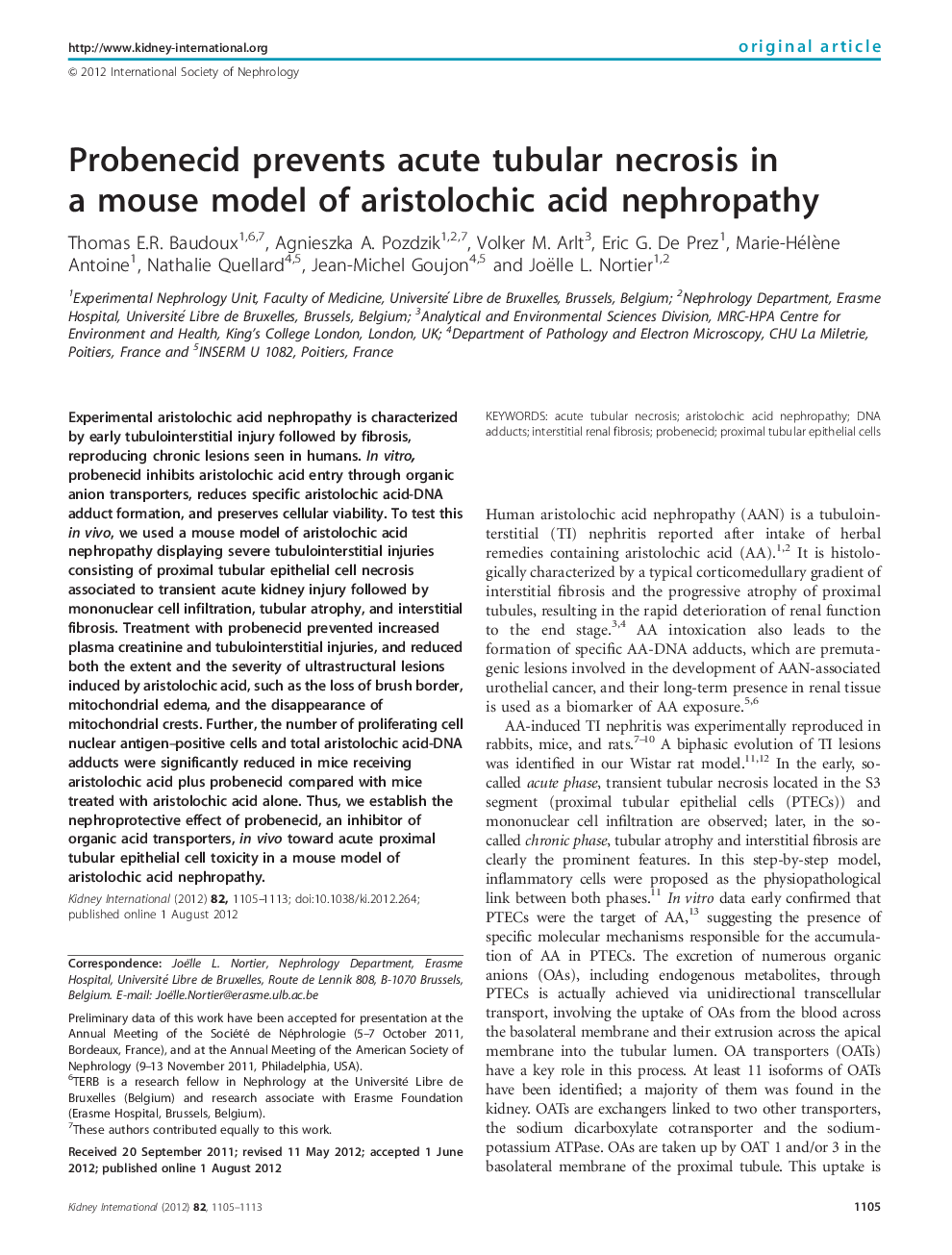 Probenecid prevents acute tubular necrosis in a mouse model of aristolochic acid nephropathy