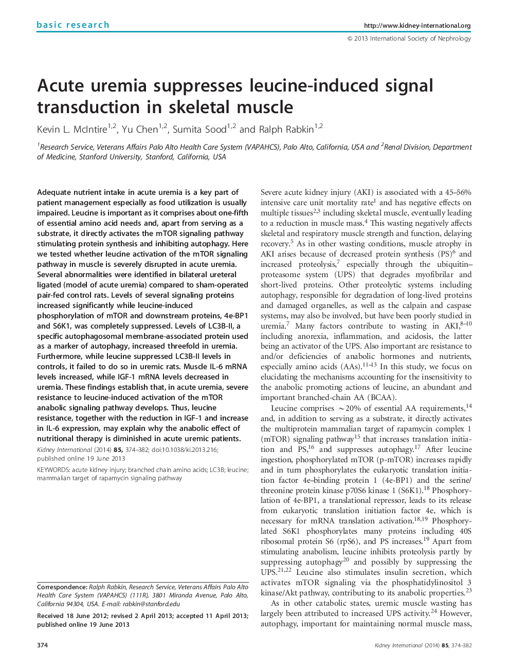 Acute uremia suppresses leucine-induced signal transduction in skeletal muscle