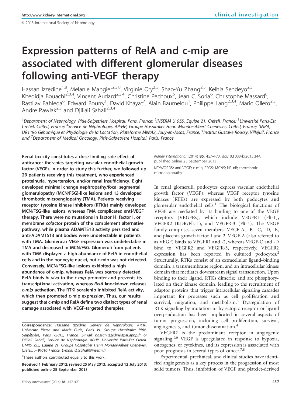 Expression patterns of RelA and c-mip are associated with different glomerular diseases following anti-VEGF therapy